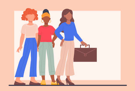 Confident businesswomen stand together concept. Meeting of women entrepreneurs. Successful friends fight for equal rights. Cartoon contemporary flat vector illustration isolated on pink backgroundのイラスト素材