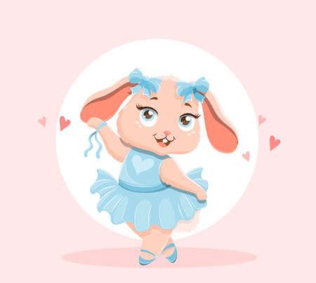 Cute cartoon baby bunny. Pink hare dances to music. Animal girl in blue dress. Design for invitations and printing on children clothes. Cartoon flat vector illustration isolated on pink backgroundのイラスト素材