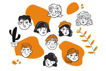 Diverse faces of people set. Collection of simple icons for social networks. Avatars of people of different ages. Emotional portraits. Cartoon flat vector illustrations isolated on white backgroundのイラスト素材