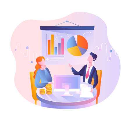 Financial analyst or consultant. Man and woman sitting at table and discussing statistics. Employees develop strategy to increase profits. Cartoon realistic vector illustration on white backgroundのイラスト素材