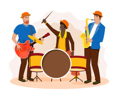 Group of musicians concept. Men play drum, guitar and saxophone. Team of characters creates modern melody on musical instruments. Cartoon flat vector illustration isolated on white backgroundのイラスト素材