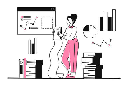 Sad woman hold giant task list. Female character studies documents, tax bill or shopping list. Time management, purchase or payment. Cartoon flat vector illustration isolated on white backgroundのイラスト素材