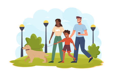 Happy young family. Mom, dad and son walking their dog in park. Parents spend free time with their child. Young loving couple with kid. Cartoon flat vector illustration isolated on white backgroundのイラスト素材