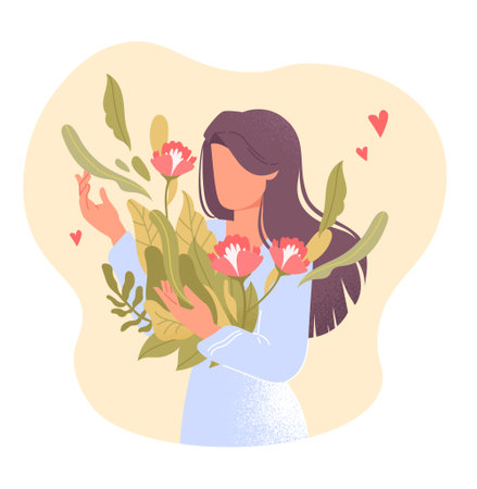 Love yourself. Young woman holds beautiful flower in her hand. Girl loves her body and cares about beauty of skin. Self confidence. Cartoon flat vector illustration isolated on white backgroundのイラスト素材