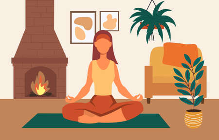 Meditation and yoga. Woman sits at home in lotus position, relaxes and cleanses her mind. Practices for mental and emotional health. Cartoon flat vector illustration isolated on light backgroundのイラスト素材