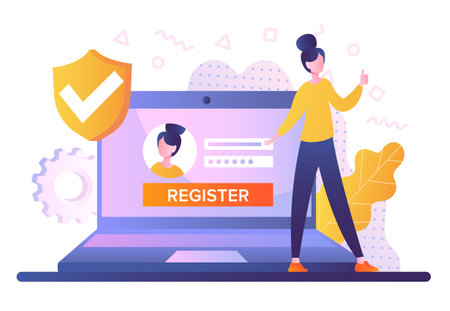 Woman register online concept. Female character stand next to large laptop and logs in to social network. Log in to your personal account. Cartoon flat vector illustration isolated on white backgroundのイラスト素材
