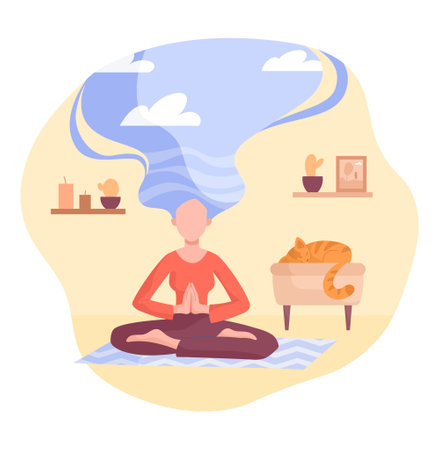 Positive thinking and meditation concept. Woman sits in lotus position and restores mental and psychological health. Mindfulness and love. Cartoon flat vector illustration isolated on white backgroundのイラスト素材