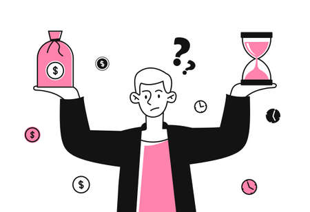 Comparison of financial risks and benefits. Man holds hourglass and dollars. Increase profits and reduce losses. Balance between money and time. Cartoon flat vector illustration on white backgroundのイラスト素材