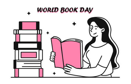 World Book Day concept. Woman sitting at table and reading literary work. Bookstore or library. Teenager spends time reading books. Cartoon doodle flat vector illustration isolated on white backgroundのイラスト素材