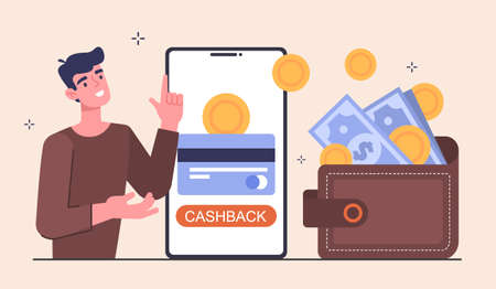 Online payment or money refund. Man makes purchases on Internet and receives cashback in his wallet. Saving money and online banking. Cartoon flat vector illustration isolated on pink backgroundのイラスト素材
