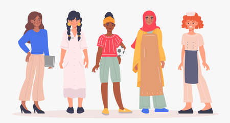 Women of different professions. Internationsl, multicultures. Group of people, girlfriends. Equal rights, feminism, career, work. Cartoon flat vector illustration isolated on white backgroundのイラスト素材