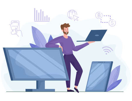 Social media marketing. Man sells appliances. Business, activities, sales. TV, laptop, computer, monitor. Modern technology, communication Cartoon vector illustration isolated on white backgroundのイラスト素材