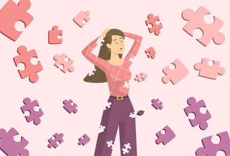 Self healing girl. Solving internal problems, finding yourself. Woman going from puzzles. Mental rehabilitation, psychotherapy concept. Cartoon vector illustration isolated on pink backgroundのイラスト素材