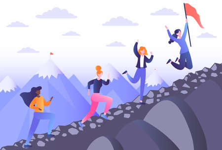 Career leadershuip concept. Team climbs to top, path to goal. Success metaphor, company growth, teamwork. Women on way to their dreams, employees, colleague. Cartoon flat vector illustrationのイラスト素材
