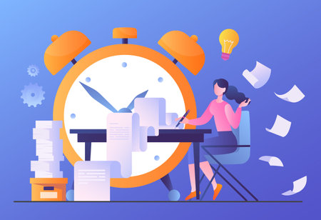 Concept of time management. Girl sits at table against background of clock. Planning, setting tasks. Woman working with papers, office. Cartoon flat vector illustration isolated on blue backgroundのイラスト素材