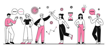 Set of teammates. Collection of images with colleagues, company growth, office work, business. Design development, friendship concept. Cartoon flat vector illustration isolated on white backgroundのイラスト素材