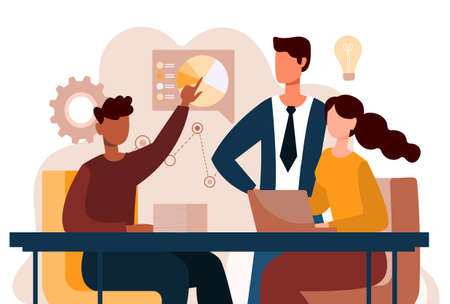 Man starts business. Training, presentation, graphs, diagrams. Investments, financial literacy. Company researches market, analytics. Cartoon flat vector illustration isolated on white backgroundのイラスト素材