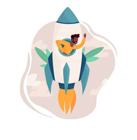 Man in flying rocket. Concept of successful business, good startup. Modern technology, innovation. Space exploration, discovery. Cartoon flat vector illustration isolated on white backgroundのイラスト素材