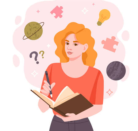Woman thinking with book in hands. Character writes down ideas, space for notes, diary, textbook. Young student girl. Reading, analysis. Cartoon flat vector illustration isolated on white backgroundのイラスト素材