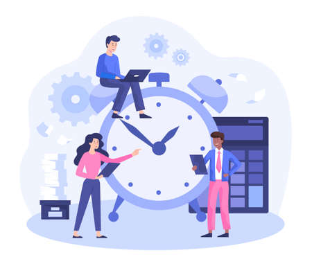 Time management concept. People stand by clock and plan tasks. Man with notebook writes down tasks,...