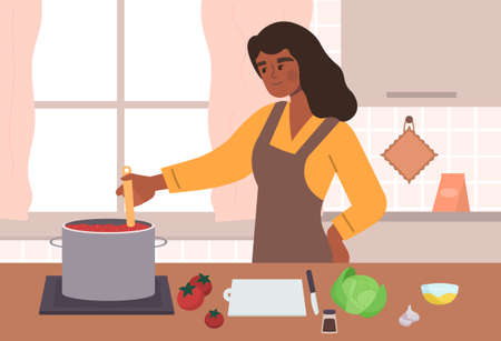 Woman cooking at kitchen. Girl prepares for evening. Routine, daily affairs. Mom prepares delicious food for her family, tomato soup. Cartoon flat vector illustration isolated on white backgroundのイラスト素材