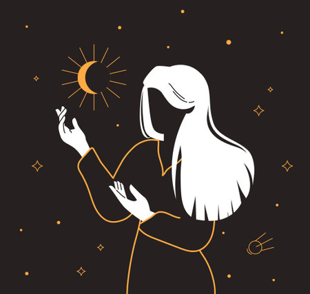 Mystical woman backdrop. Esotericism, connection with world, mysticism, magic. Silhouette of girl. Meditation and balance concept. Cartoon flat vector illustration isolated on dark backgroundのイラスト素材