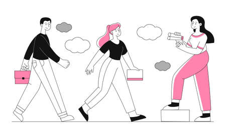 Candidate searches concept. HR manager looks at people passing by. Company inviting new employees, looking for people using binoculars. Cartoon flat vector illustration isolated on white backgroundのイラスト素材