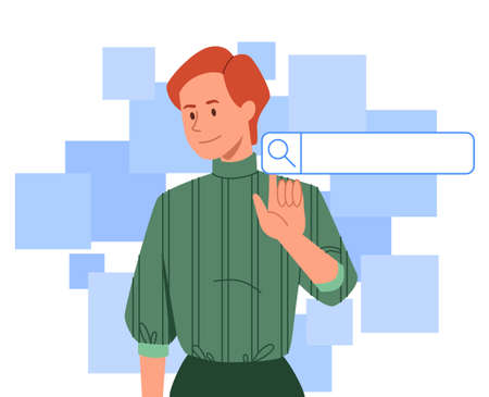 Internet surfing concept. Young guy using modern technology. Search bar, digital space. Browsing internet data information networking. Cartoon flat vector illustration isolated on white backgroundのイラスト素材