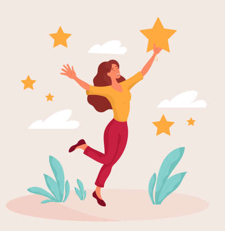 Woman holding star. Young girl caught her dream. Happiness, luck, success. New opportunities, perspectives, ambitions, leadership. Cartoon flat vector illustration isolated on white backgroundのイラスト素材
