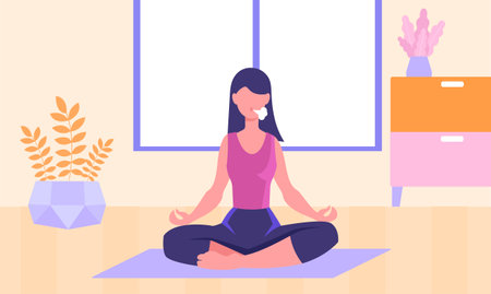 Woman breathing at home. Sports, healthy lifestyle, meditation, yoga. Inner calm, balance. Girl works on herself. Recovery respiratory system. Cartoon vector illustration isolated on white backgroundのイラスト素材