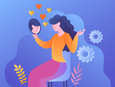 Woman looks at mirror. Narcissist, young girl looks after her appearance. Attractive brunette, makeup. Selfacceptance and confidence. Cartoon flat vector illustration isolated on white backgroundのイラスト素材