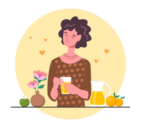 Girl with juice. Woman in kitchen prepares herself healthy drink. Healthy lifestyle, vitamins. Orange juice, natural food, useful. Cartoon flat vector illustration isolated on white backgroundのイラスト素材