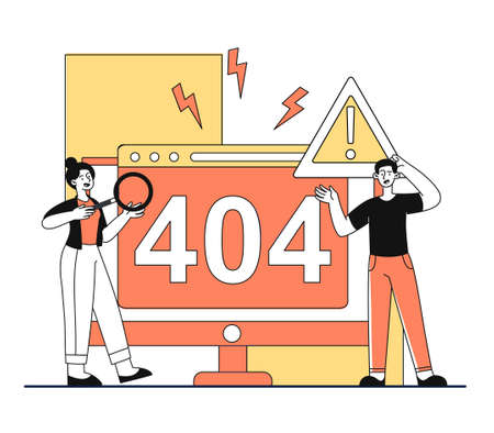 System error concept. Thoughtful man and woman stand next to broken computer. Warning message. Exclamation mark or problem. Cartoon modern flat vector illustration isolated on white backgroundのイラスト素材