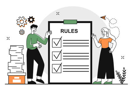 List with rules concept. Man and woman stand next to document regulating behavior in team. Guide for employees. Make checklist. Cartoon modern flat vector illustration isolated on white backgroundのイラスト素材