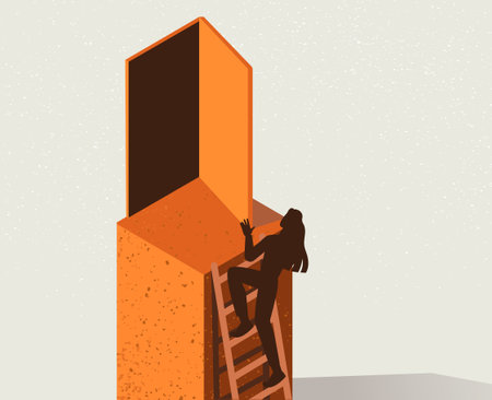 Concept of stepping into unknown future. Woman climbs stairs and opens door to another life. Frightening changes or darkness ahead. Cartoon isometric vector illustration isolated on white backgroundのイラスト素材