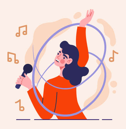 Woman singer concept. Beautiful female character in red dress holds microphone and sings her favorite song in karaoke. Music lover. Cartoon flat vector illustration isolated on pink backgroundのイラスト素材