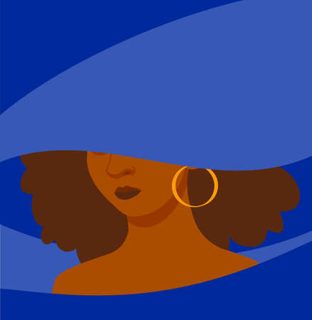Young African American woman. Female character with dark curly hair in wide blue hat and dress. Strong and independent girl. Cartoon modern flat vector illustration isolated on blue backgroundのイラスト素材