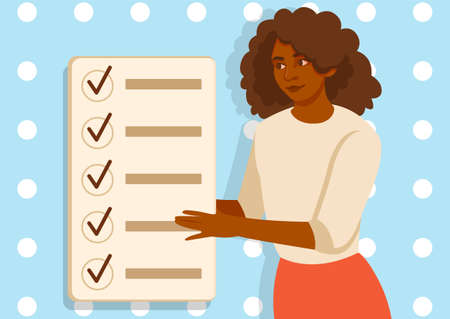 Plan fulfilled concept. Woman stands next to task list and marks completed projects. Personal...