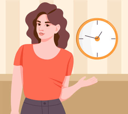 Time management concept. Young woman holding clock in her hands. Personal efficiency or workday planning. Smart employee. Cartoon modern flat vector illustration isolated on white backgroundのイラスト素材