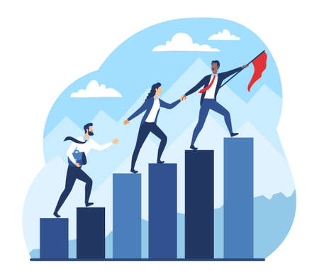 Leadership and commitment concept. Boss leads his team up career ladder. Professional development, success and business development. Cartoon flat vector illustration isolated on white backgroundのイラスト素材