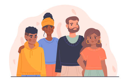 Concept of family. Mom, dad, daughter and son standing together. Group of people looking at camera. Portrait, painting, photography. Cartoon flat vector illustration isolated on white backgroundのイラスト素材