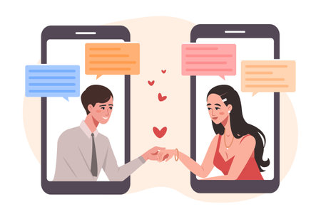 Dating app concept. Man and girl hold hands through screens of smartphones. Romance, love, finding soul mate. Internet dating, online. Cartoon flat vector illustration isolated on white backgroundのイラスト素材