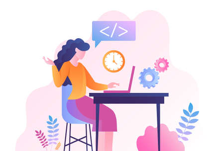 Business woman concept. Girl on laptop checks code for site. Character crushes tasks online,...