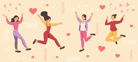 Horizontal banner with people. Set of person in different poses. Happy characters jump with happiness. Collection of girls, hearts. Cartoon flat vector illustration isolated on white backgroundのイラスト素材