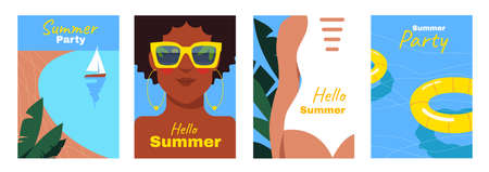 Set of summer posters. Colorful art with portrait of woman, figure in swimsuit, beach and pool with lifebuoys. Design elements for postcard. Cartoon flat vector collection isolated on white backgroundのイラスト素材