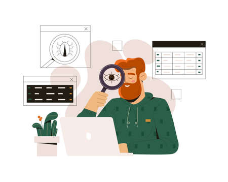 Eliminating viruses in laptop programs concept. Male system administrator with magnifying glass in hands analyzes files, eliminates threats, errors and spam. Cartoon modern flat vector illustrationのイラスト素材