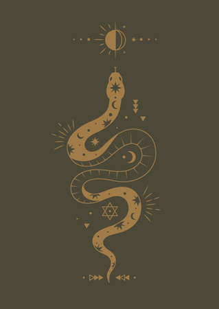 Esoteric abstract poster. Minimalistic mystical banner with snake, moon, sun and magical attributes. Design element for cover and postcard. Predicting future or fate. Cartoon flat vector illustrationのイラスト素材