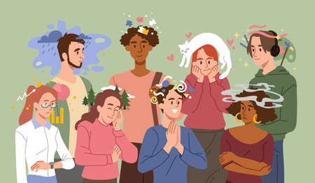 People with different thoughts and feelings. Happy and sad men and women think, solve mental problems and dream. Psychological and emotional stability. Cartoon modern flat vector illustrationのイラスト素材