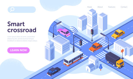 Smart crossroad concept. Wireless connection, remote control and management, automation, optimization. Landing page, road, transport. Intelligent traffic monitoring. Cartoon flat vector illustrationのイラスト素材