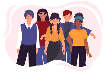 Group of people concept. Multinational team stands together. Teamwork or cooperation. Community of friends and like-minded people. Stylish men and women. Cartoon modern flat vector illustrationのイラスト素材